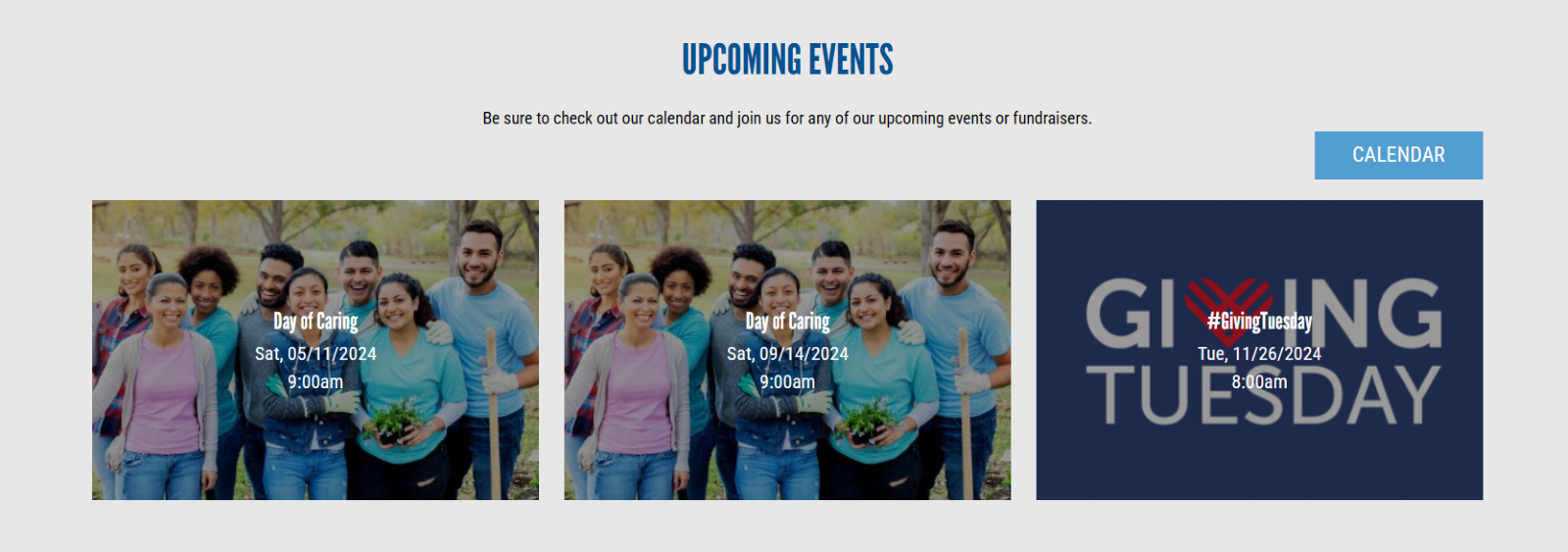 Screenshot of website upcoming events